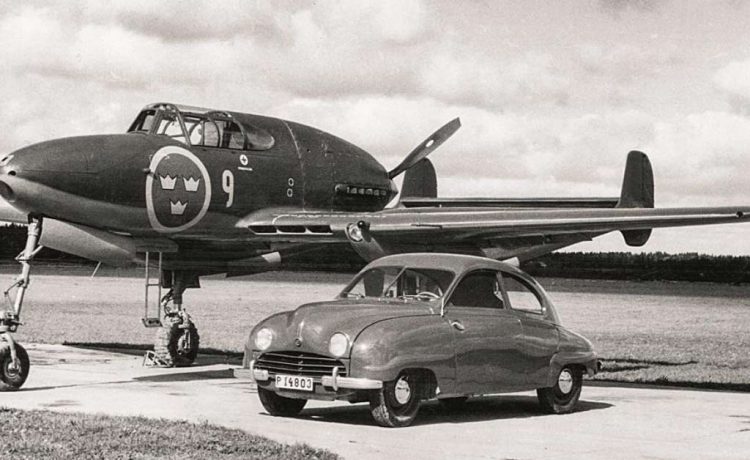 72 years of the Saab 92 model 3 1949 Saab 92 with Saab 21 Jet Fighter plane
