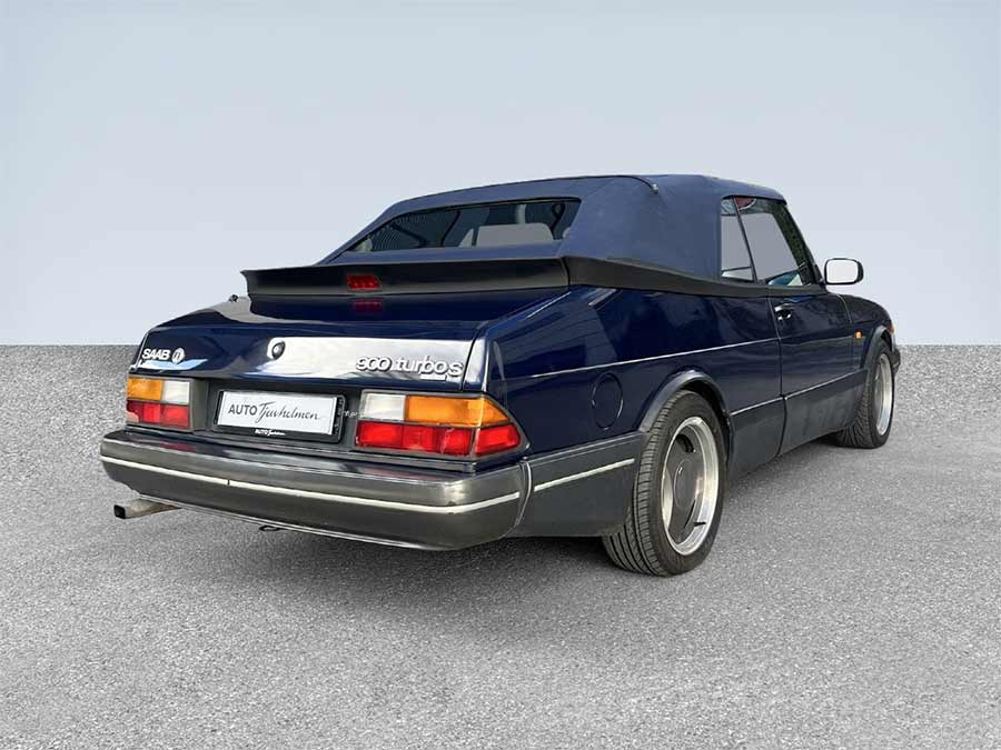 Rear view of 1992 Saab 900 Turbo S Cabriolet in dark blue with spoiler and Turbo S badge