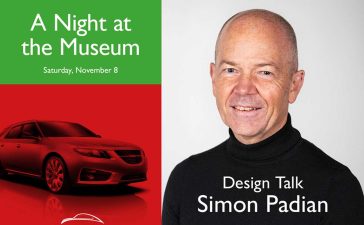 Night, Light, and the Saab 9-5ng: Simon Padian’s Design Philosophy Comes to Life 7 Portrait of Saab designer Simon Padian beside a red Saab 9-5 SportCombi graphic promoting the event “A Night at the Museum” at the Saab Car Museum, scheduled for November 8.