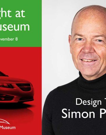 Portrait of Saab designer Simon Padian beside a red Saab 9-5 SportCombi graphic promoting the event “A Night at the Museum” at the Saab Car Museum, scheduled for November 8.