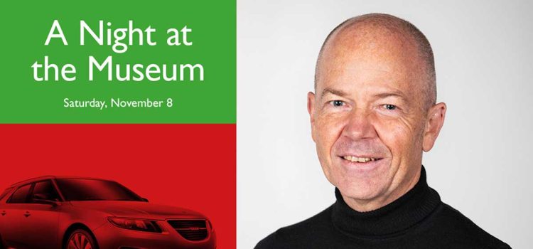 Night, Light, and the Saab 9-5ng: Simon Padian’s Design Philosophy Comes to Life 3 Portrait of Saab designer Simon Padian beside a red Saab 9-5 SportCombi graphic promoting the event “A Night at the Museum” at the Saab Car Museum, scheduled for November 8.