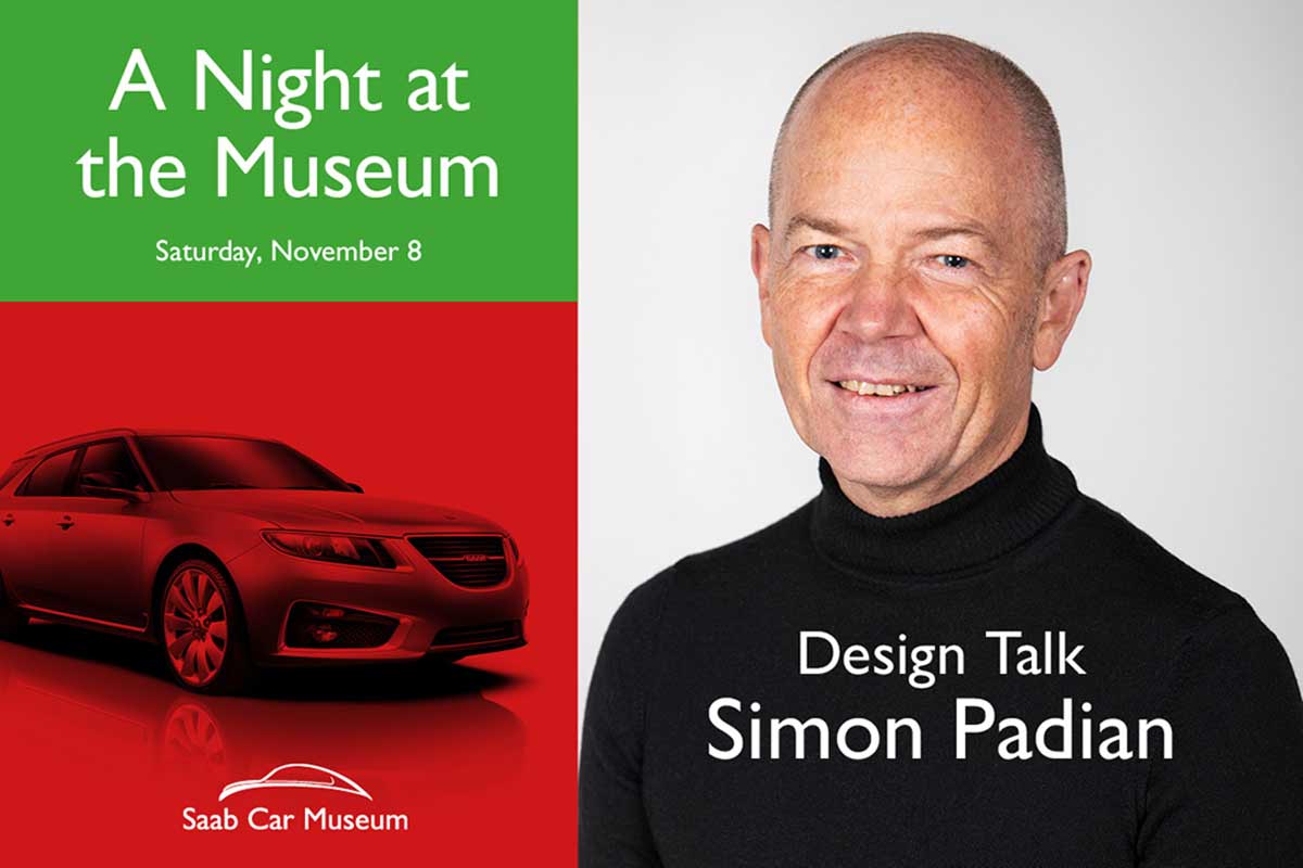 Night, Light, and the Saab 9-5ng: Simon Padian’s Design Philosophy Comes to Life 1 Portrait of Saab designer Simon Padian beside a red Saab 9-5 SportCombi graphic promoting the event “A Night at the Museum” at the Saab Car Museum, scheduled for November 8.