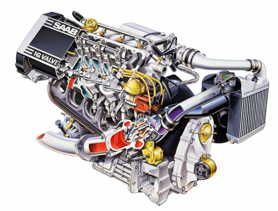 Saab B202 engine, 2-liter, 16-valve, turbocharged and intercooled, slant four cylinder as fitted on the Saab 900 classic.