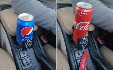 The Custom Cupholder mounted with two differnt sized standard cans.