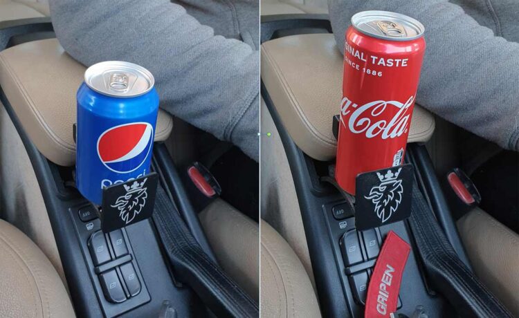 Ingenious 3D Printed Center Console Saab 9-5 Cup Holder 2 The Custom Cupholder mounted with two differnt sized standard cans.
