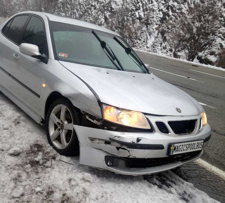 Crashed Saab front-end