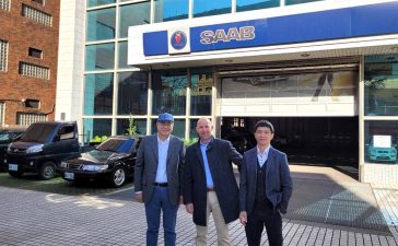 Jan-Philipp Schumacher in front of Scandinavia Asia Corporation headquarters with his hosts