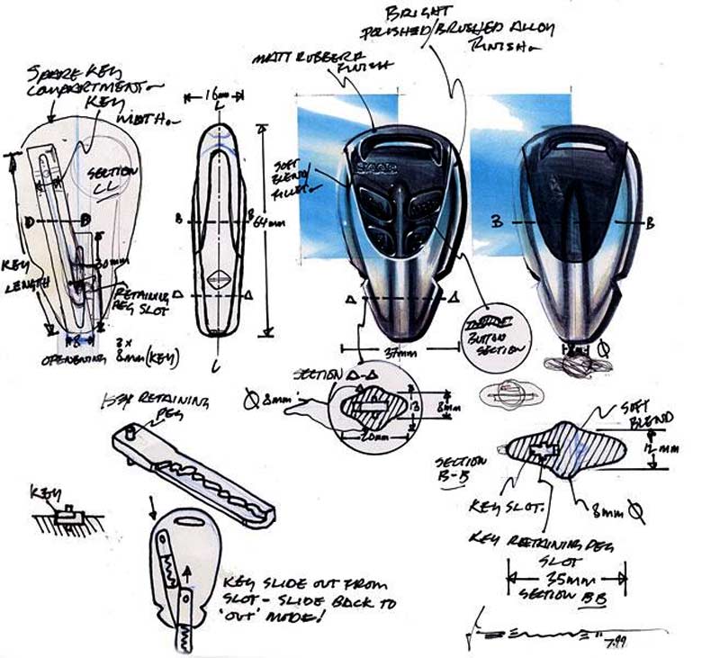 Saab 9-3 Key Fob design sketch by Jordan Bennett