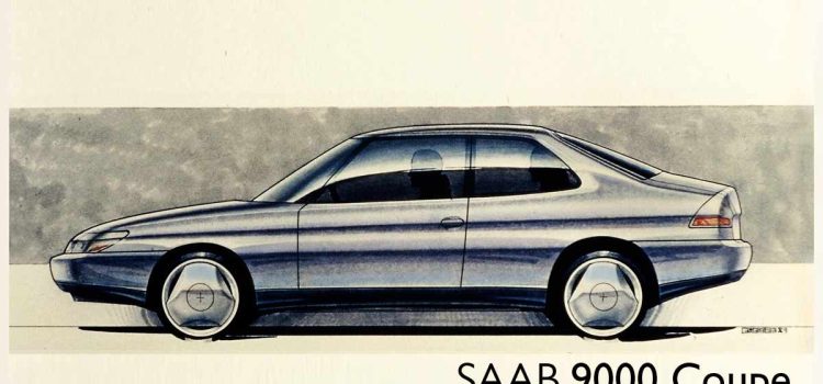The Saab 9000 in its Italian Coupe Variant: A Vision of Elegance and Innovation 1 Sketch by Pietro Camardella showcasing his vision of the Saab 9000 Coupe: A Side View Rendering
