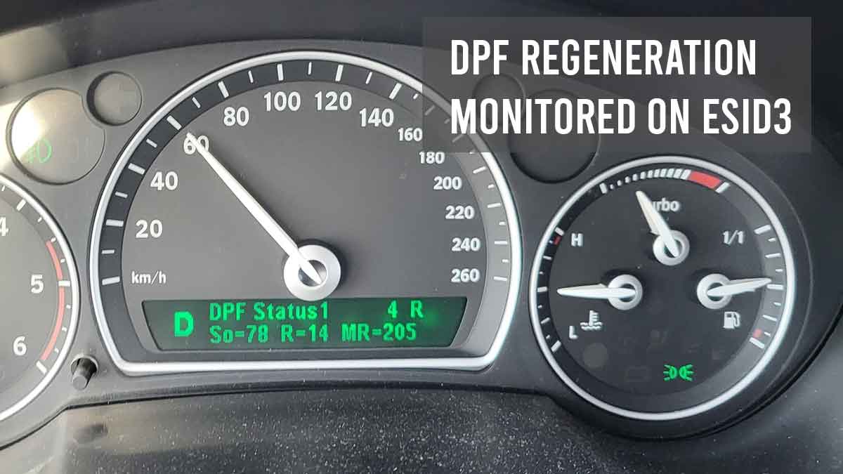 eSID3 Display Showcasing DPF Regeneration Parameters in a Saab Vehicle: Real-Time Soot Levels, Temperature, and Regeneration Status.