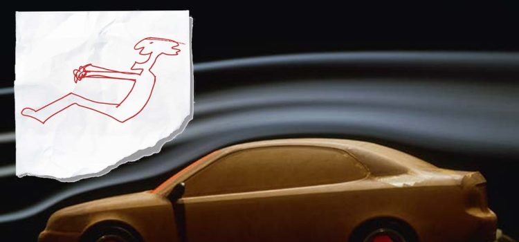 Red line sketch of a smiling Saab driver gripping a steering wheel, drawn on crumpled white paper — used in Saab's 2003 campaign and as the logo for Saab Car Museum Supporters.
