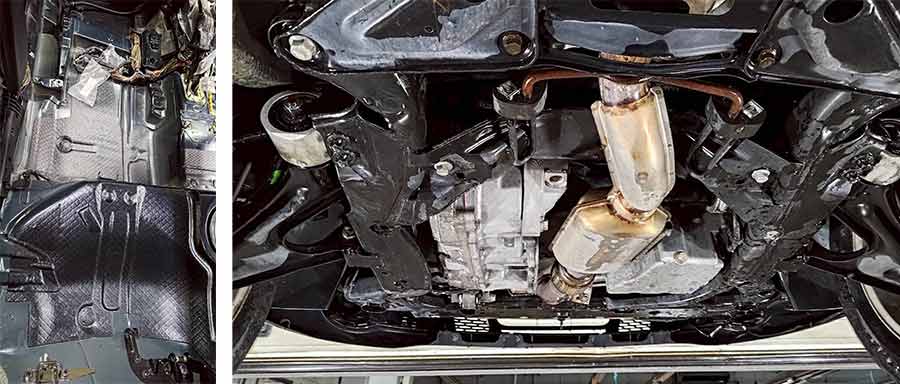 The Saab 9-5 after full interior and underbody cleaning, with SAC technicians inspecting structural and mechanical components for flood-related damage.