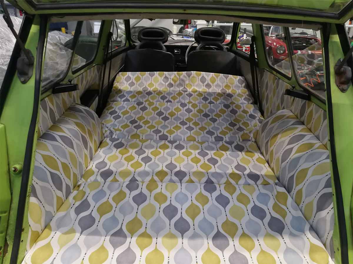 Pretty big and comfortable bed inside the old Saab caravan