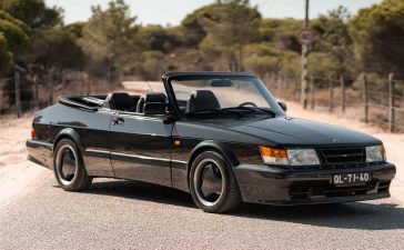 An Elegant Vision in Black: The Restored 1987 Saab 900 Turbo Cabrio 'Aero' in its Full Glory, Symbolizing a Rich Blend of History, Performance, and Swedish Craftsmanship