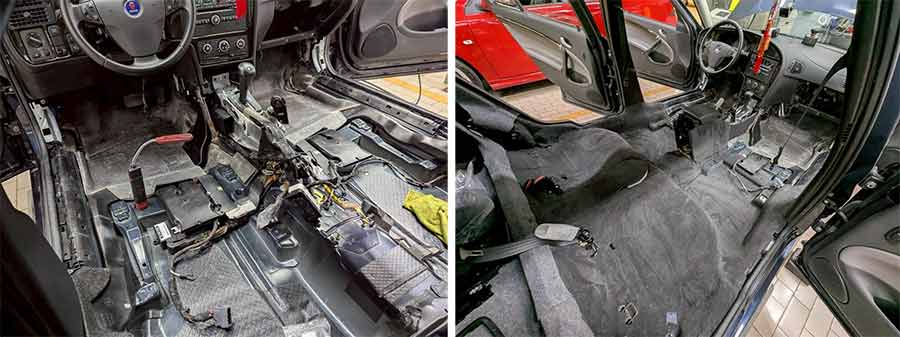 The Saab 9-5 cabin after full decontamination, with technicians reinstalling components and testing systems following the flood cleanup.