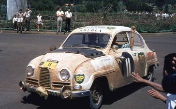 Swedish rally driver Erik "Carlsson on the roof" Carlsson driving through the streets of Nairobi, Kenya. He took part in the 10th East African Safari Rally with his Saab 96. (Photo by Jitze Couperus)