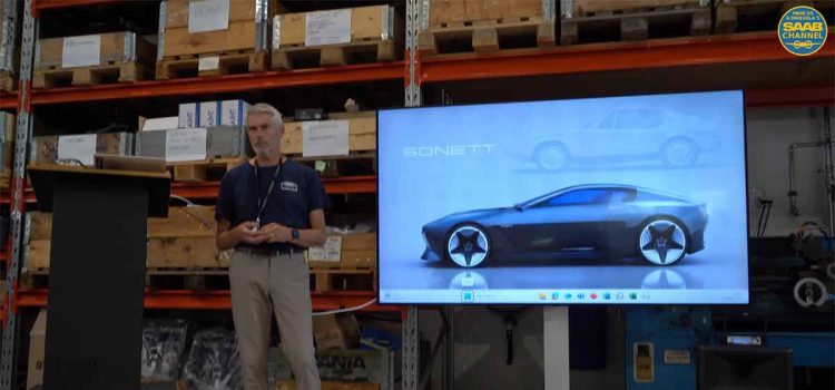 Frank Smit presenting the potential Sonett revival project, showcasing a sleek modern coupe design on screen.
