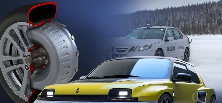Composite showing Protean in-wheel motor cutaway, NEVS Saab 9-3 test car on snow, and Renault 5 Turbo 3E in yellow, illustrating the tech’s evolution.