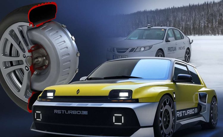 Composite showing Protean in-wheel motor cutaway, NEVS Saab 9-3 test car on snow, and Renault 5 Turbo 3E in yellow, illustrating the tech’s evolution.