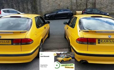 Yellow Saab 9-3 Viggens at Rawsaab UK, featured in the Save Rawsaab crowdfunding campaign.
