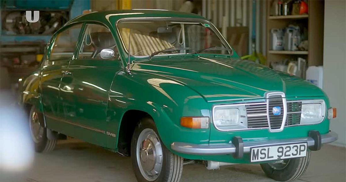 Freshly restored Saab 96 V4 in its striking green finish, captured just before heading to auction after more than 800 hours of painstaking work.