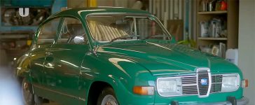 Freshly restored Saab 96 V4 in its striking green finish, captured just before heading to auction after more than 800 hours of painstaking work.