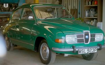 Freshly restored Saab 96 V4 in its striking green finish, captured just before heading to auction after more than 800 hours of painstaking work.