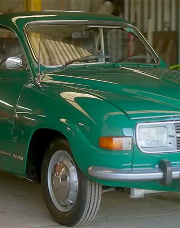Freshly restored Saab 96 V4 in its striking green finish, captured just before heading to auction after more than 800 hours of painstaking work.