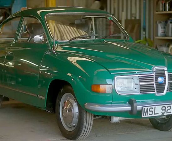 Freshly restored Saab 96 V4 in its striking green finish, captured just before heading to auction after more than 800 hours of painstaking work.