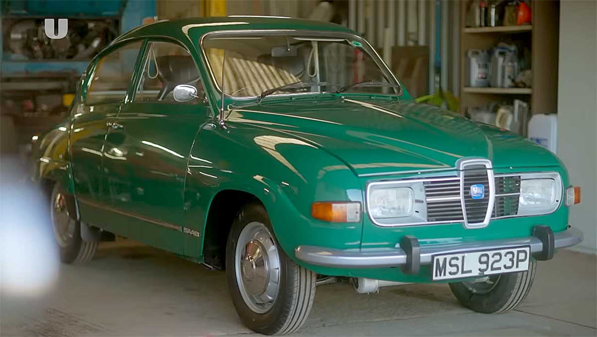 Freshly restored Saab 96 V4 in its striking green finish, captured just before heading to auction after more than 800 hours of painstaking work.