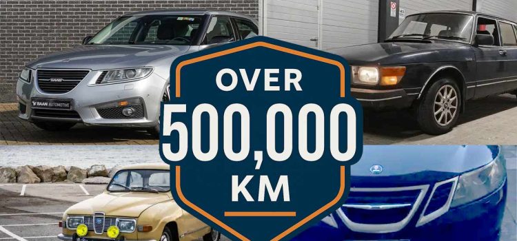 Saab cars with more than 500,000 kilometers on the odometer, collage with endurance badge