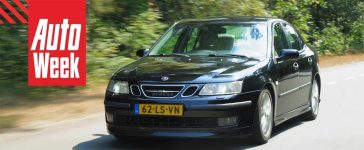 High-mileage 2003 Saab 9-3 2.0T Aero during the Autoweek Klokje Rond test, driven on a rural road in the Netherlands.