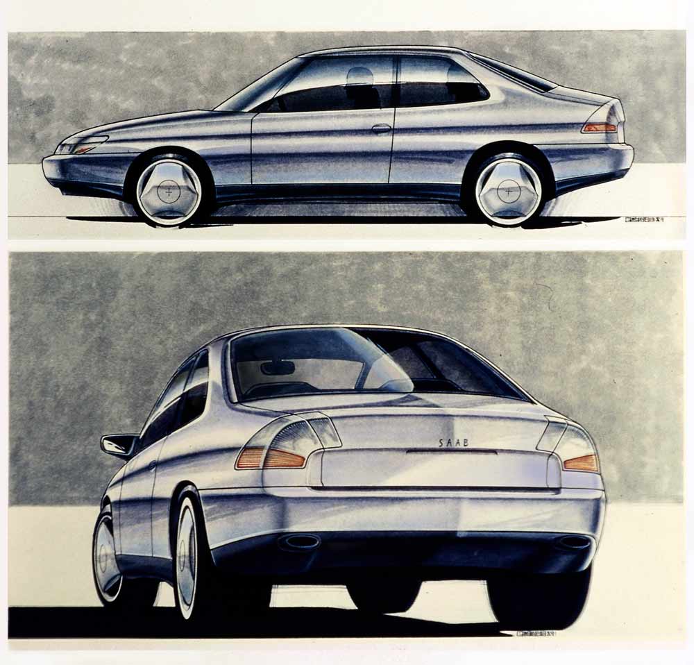 Sketches by Pietro Camardella Showcasing the Saab 9000 Coupe: An Artistic Fusion of Swedish Engineering and Italian Design Elegance, Featuring Side and Rear Views
