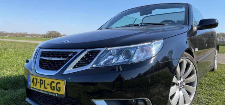 A sleek black Saab 9-3 Aero Convertible, fully upgraded to 2010/2011 specifications with custom enhancements, showcasing its Bi-Xenon headlights, Hirsch Performance grille, and ALU 90 18-inch wheels against a striking backdrop.