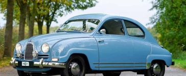 1959 Saab 93B Granturismo 750 fully restored in factory-correct blue, photographed in the Netherlands after its return from the United States