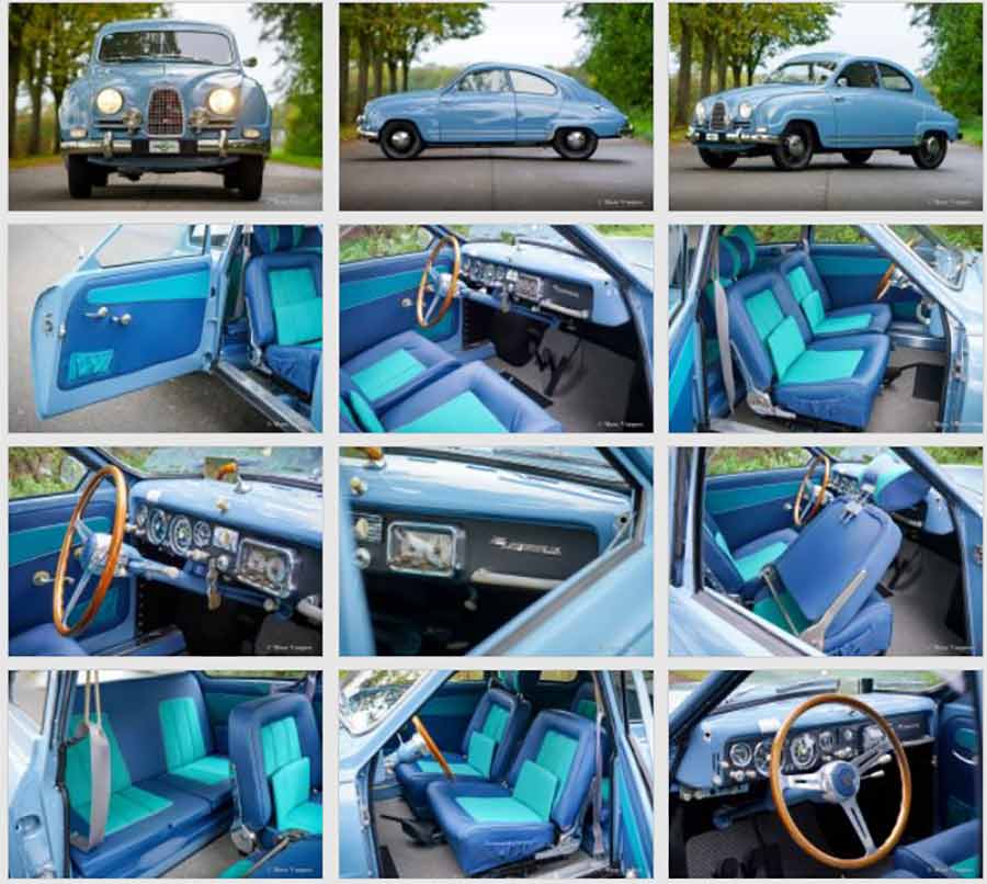 The 1959 Saab 93B Granturismo 750: One of Four Survivors From Saab’s Forgotten Grand Touring Experiment 3 Collage of detailed photos of the 1959 Saab 93B Granturismo 750, showing exterior views and the restored blue-green interior, photographed by Marc Vorgers