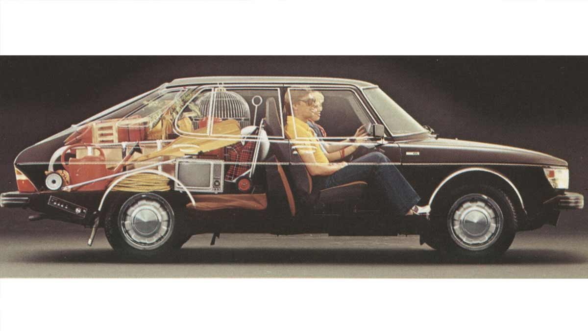 The famous Saab advertising photo that suggests the practicality of 5 doors and a huge luggage space