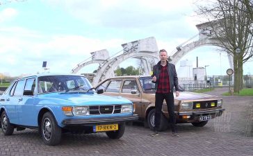 Renault 20 and Saab 99 Combi-Coupé with presenter in front of Dutch floodgates during AutoWeek retro test.