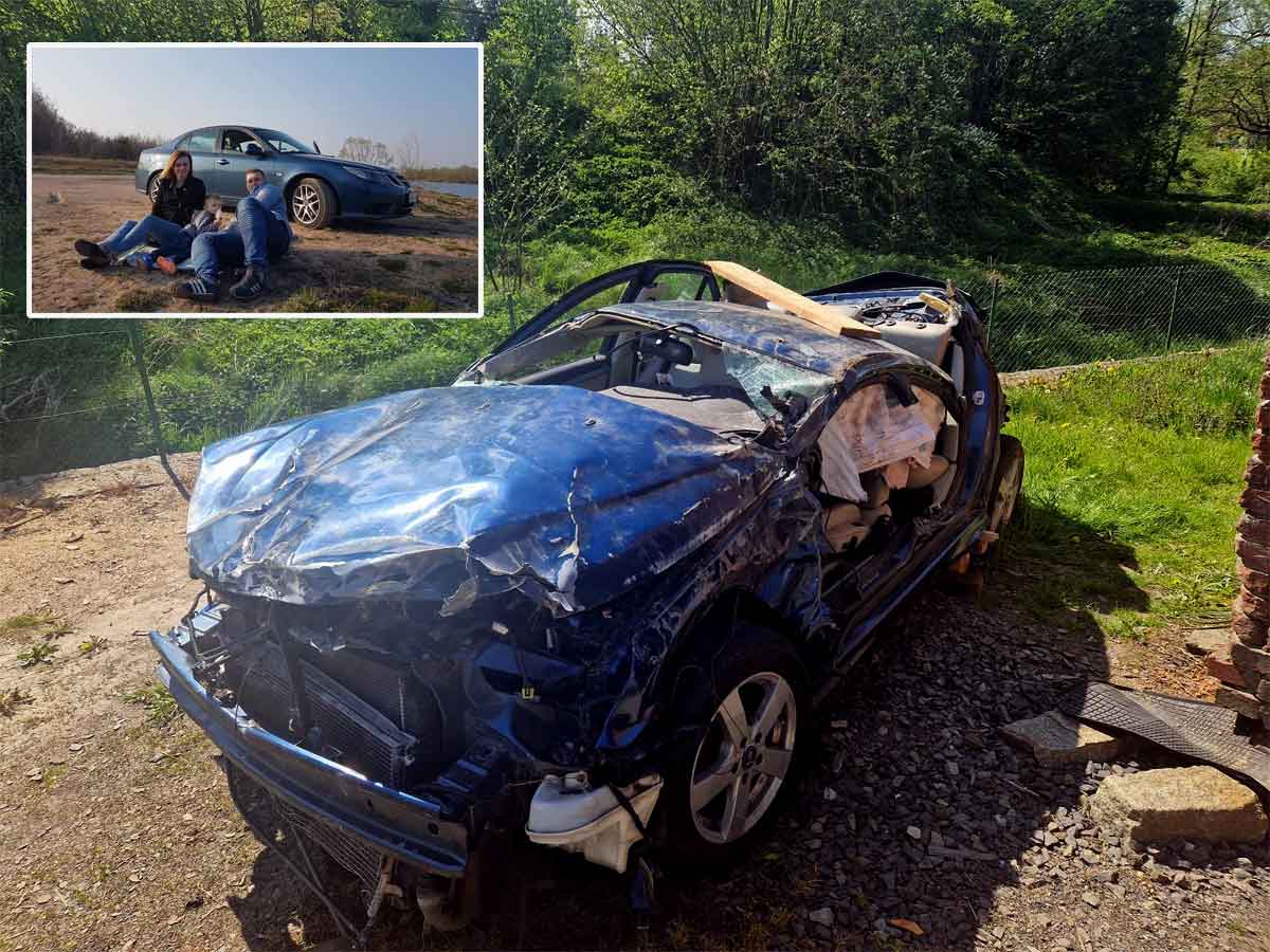 Saab Damaged beyond recognition - The aftermath of a horrific car accident on the highway