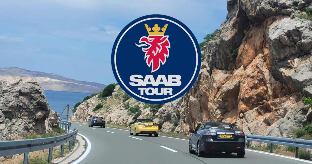 Saab Club Nederland during their previous Adriatic Tour, carving through Croatia’s coastline in a unified convoy of classic and modern Saabs.
