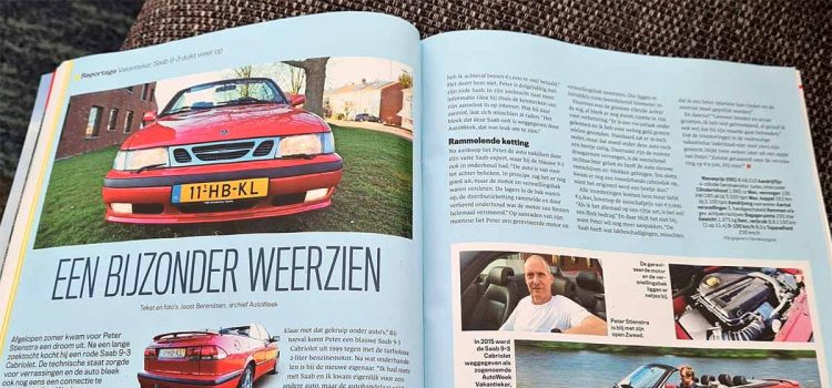 Double-page spread from the June 2025 issue of AutoWeek magazine, documenting the rediscovery and revival of the exact red 2001 Saab 9-3 Convertible that was given away in 2015—now owned and restored by Peter Stienstra.