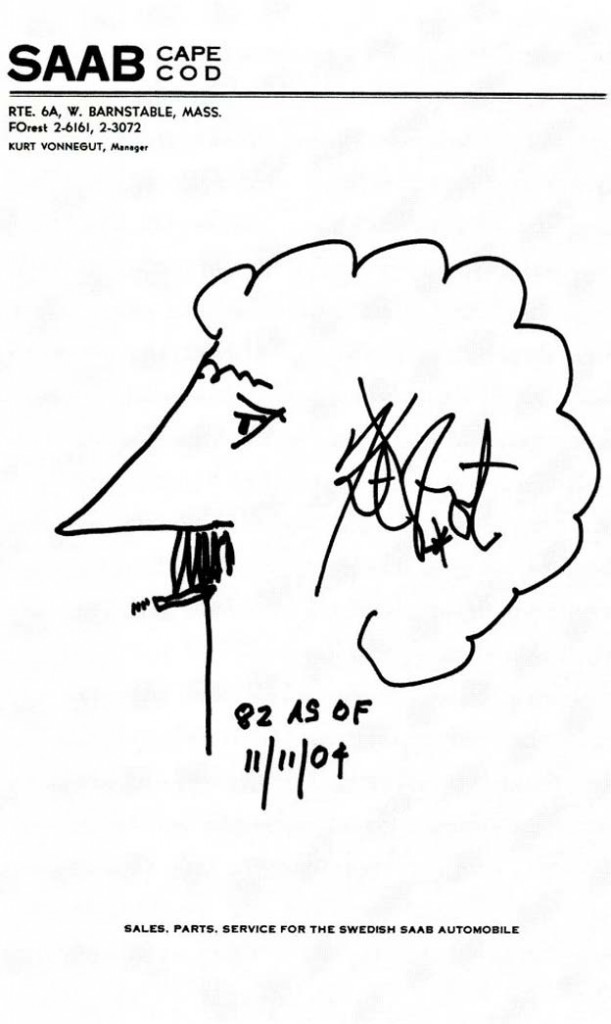 Vonnegut took to using his old Saab letterhead for selfportraits and silk-screen prints.