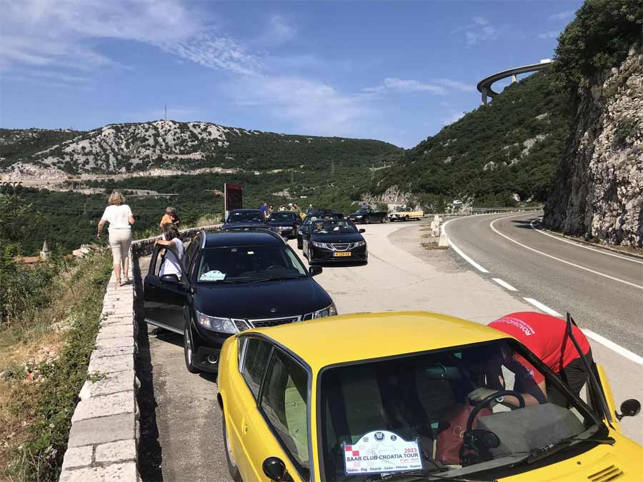 Saab Club Nederland members taking a scenic break on the island of Pag, Croatia, during their unforgettable journey