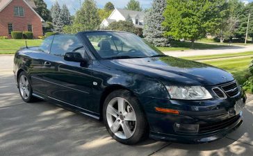 Garage-kept from new: This one-owner 2007 Saab 9-3 Aero Convertible in Nocturne Blue shows just 29k miles and heads to auction in Illinois.