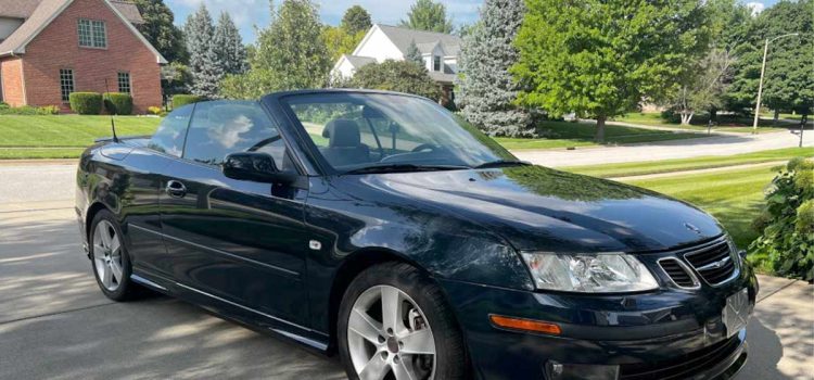 Garage-kept from new: This one-owner 2007 Saab 9-3 Aero Convertible in Nocturne Blue shows just 29k miles and heads to auction in Illinois.
