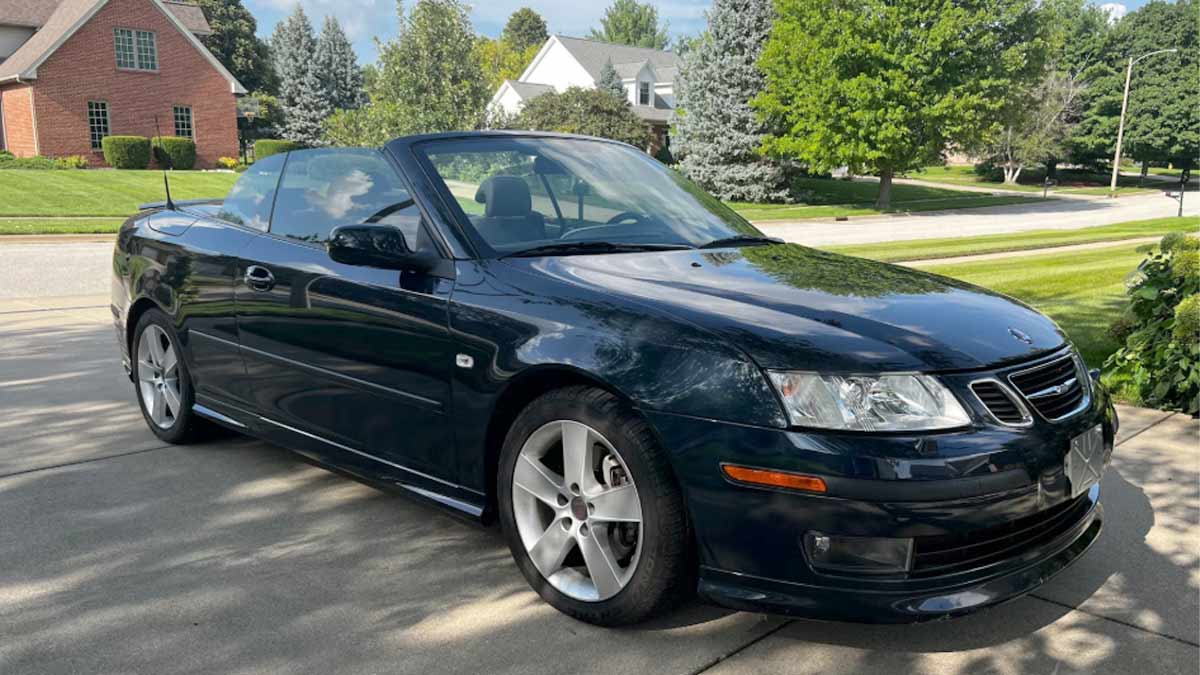 Garage-kept from new: This one-owner 2007 Saab 9-3 Aero Convertible in Nocturne Blue shows just 29k miles and heads to auction in Illinois.