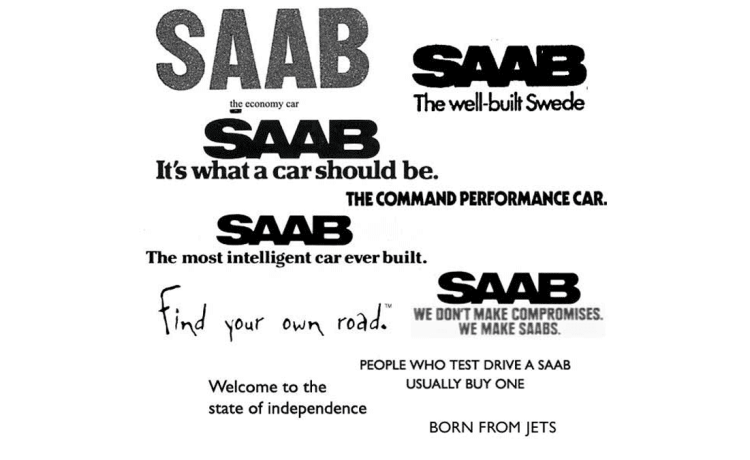 Various Saab logos and advertising slogans showing the evolution of the brand’s typography and wordmark.