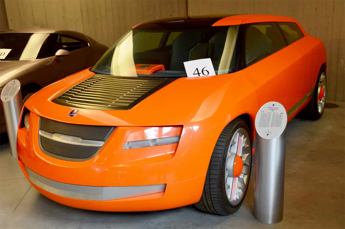 Saab Novanta: When Bertone Turned A Saab 9-5 Into A Rolling Drive-By-Wire Experiment 1 Bright orange Saab Novanta drive-by-wire concept on display at Volandia in the ASI Bertone Collection