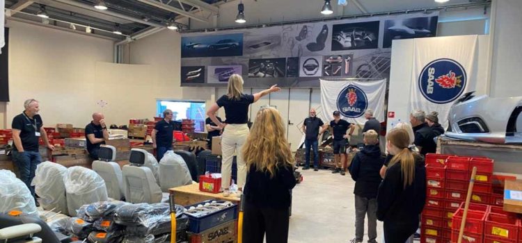 Saab enthusiasts at Nevs warehouse during the final Saab parts and memorabilia sale in Trollhättan