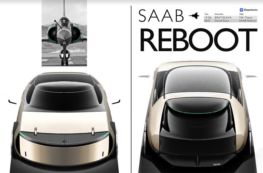 Saab Reboot: David Sova’s Electric Concept That Brings the Spirit Back 4 Design presentation of David Sova’s Saab Reboot concept with a Gripen jet comparison, showcasing the EV’s aeronautical canopy design and minimalist roofline.